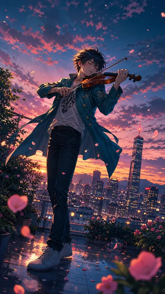 Rooftop violin at dusk